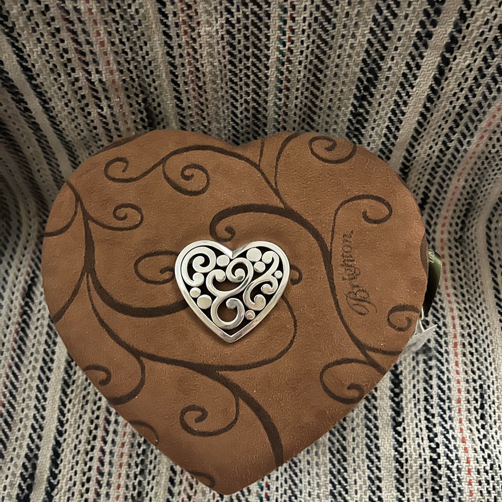 Brighton Heart Shaped Brown suede Jewelry Box Filigree heart Accent NWT